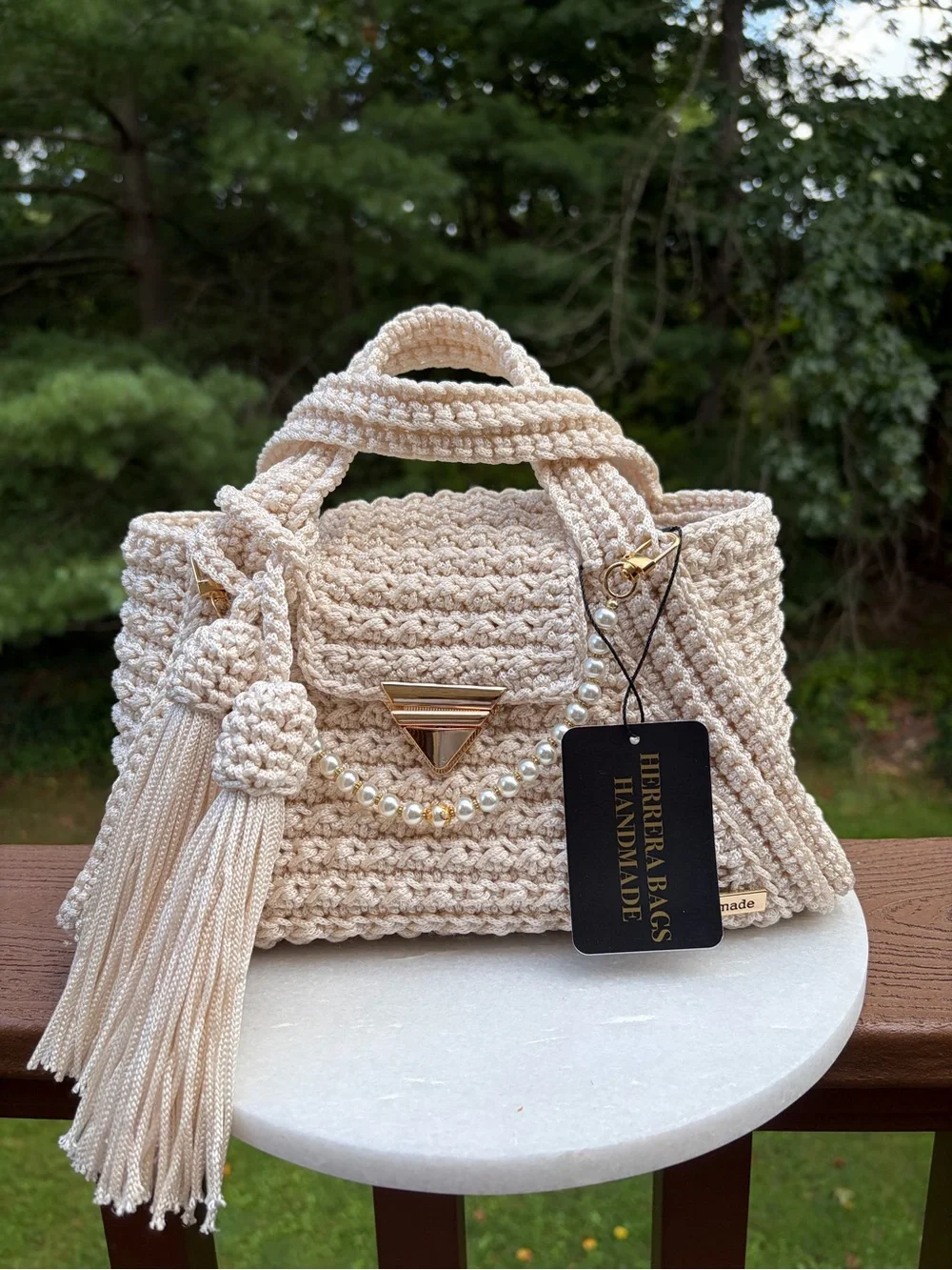 Ivory Crochet Bag, Handmade Boho Purse, Polypropylene Woven Handbag, Tassel